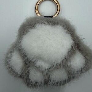 Gray and White Faux Fur Paw Keychain